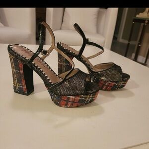 Betsey Johnson Black and Multicolor Plaid Heels